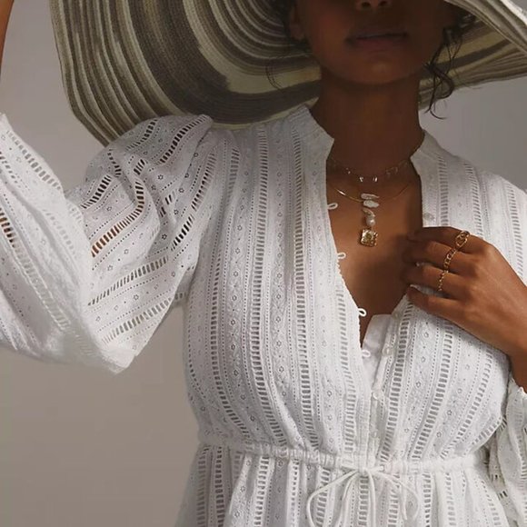 ANTHROPOLOGIE Forever That Girl Eyelet Mini Dress M $160 White - Picture 2 of 4